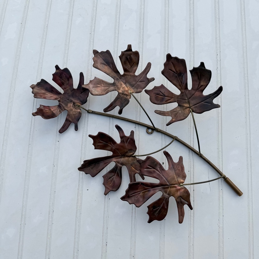Vintage Copper Tone Metal Leaf Branch Wall Art Sculpture 18 Inch MCM Decor